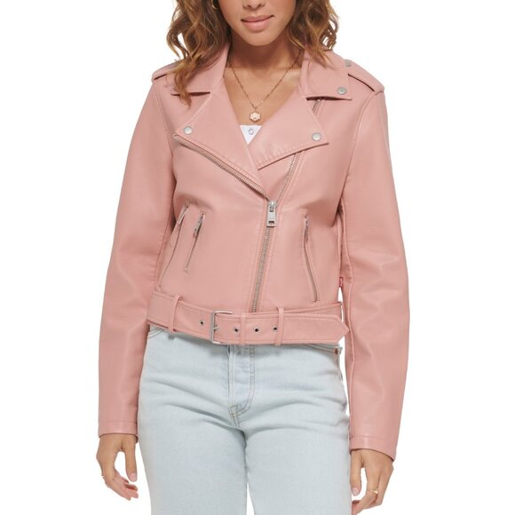 New Women's Levi's Faux Leather Belted Hem Motorcycle Jacket Size L Cameo Pink - Picture 1 of 1